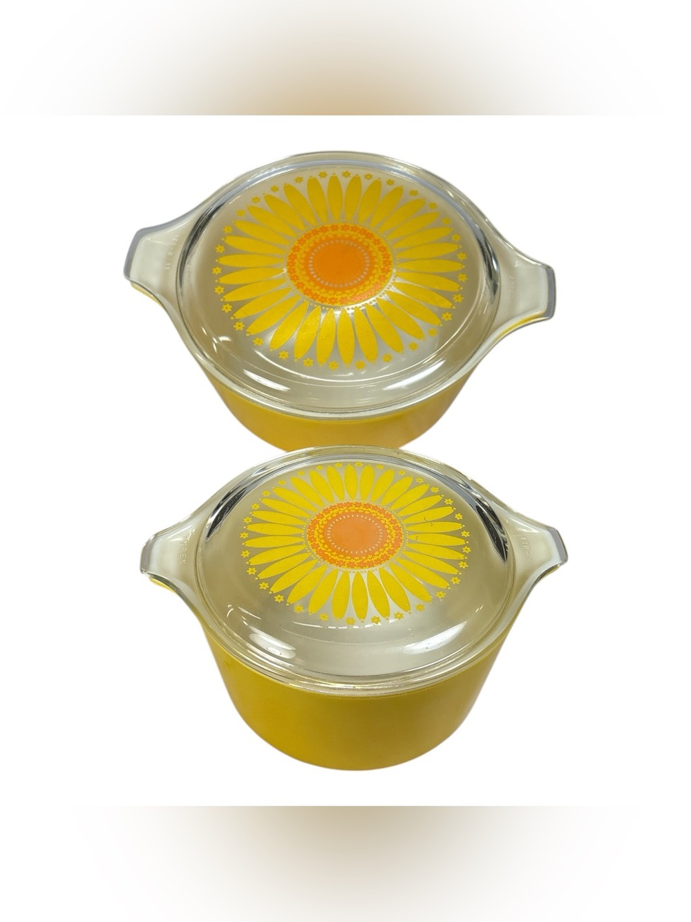 Vintage Pyrex Yellow Sunflower Daisy 475 473 Casserole Dish w/ Lids 2.5 Qt 1 Qt